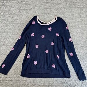 Talbots Navy Blue Sweater Size L Striped Hearts Crew‎ Neck Long Sleeve